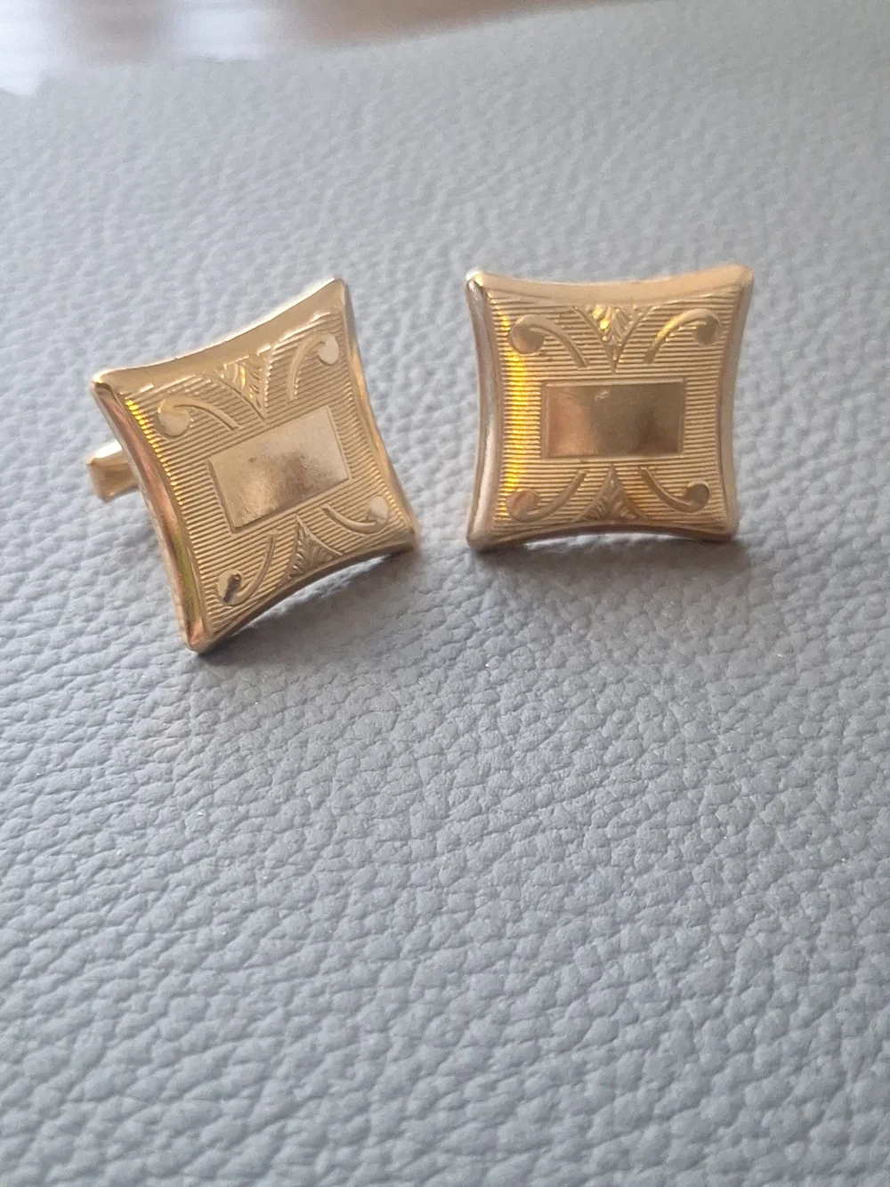 Vintage Men's Gold Tone Cufflinks Engraved Art Deco Style Square Stamped S